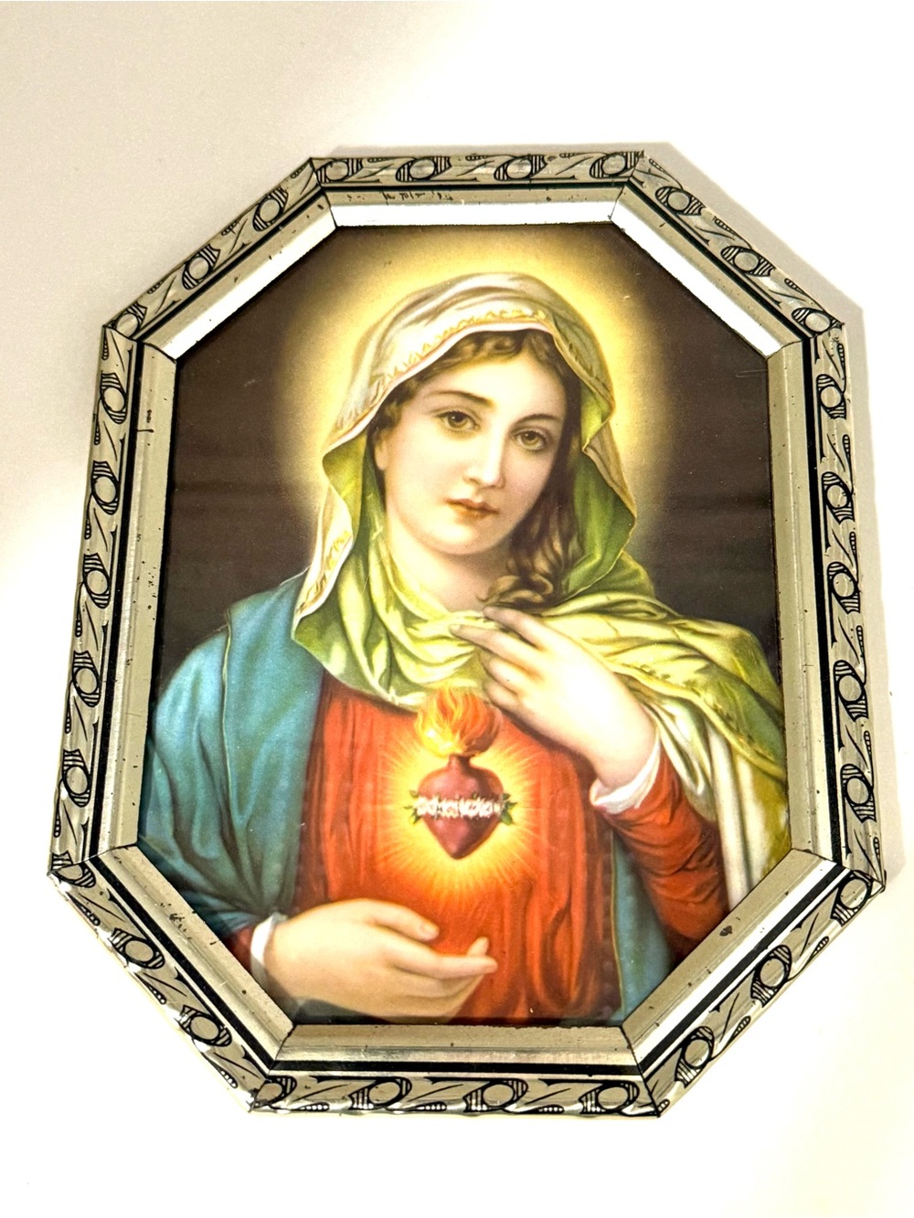 Vintage religious 1954 Immaculate Heart of Mary Framed Lithograph Print German